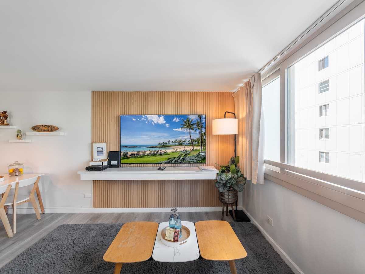 Sleeper sofa and television beside the living room windows