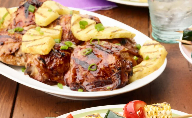 Huli huli chicken served with grilled pineapple.